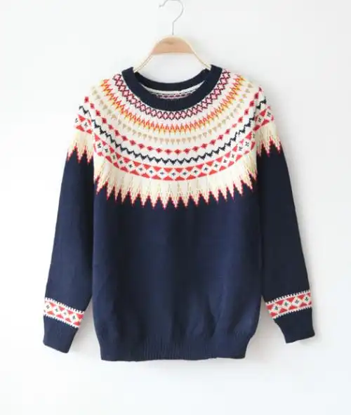 2013秋冬新款学院复古民族风波普花纹撞色针织宽松套头拼色毛衣女