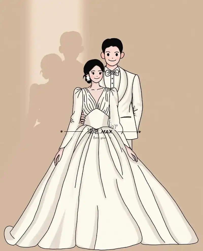 卡通线条风婚礼婚纱照手绘