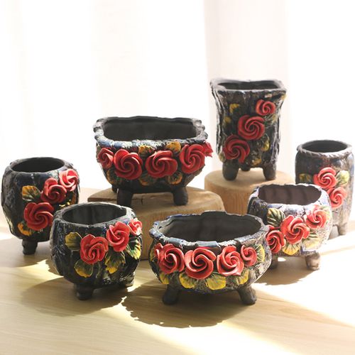 老桩群生多肉植物组合拼盘立体手捏瓷花透气黑陶土爆裂粗陶瓷花盆