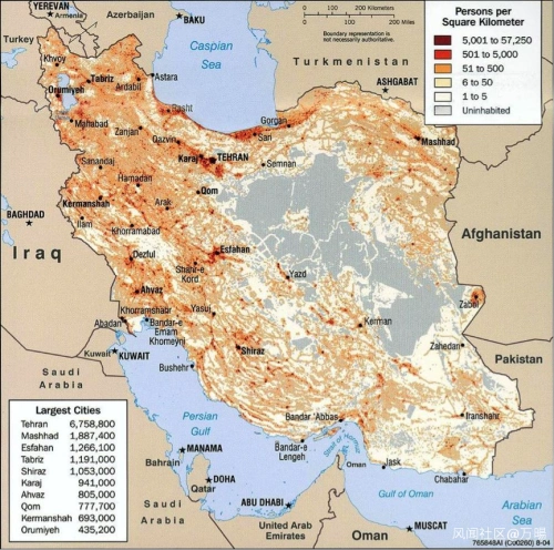 伊朗人口分布图.大量人口集中在里海南岸,伊朗高原西部.