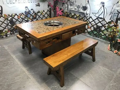 大理石火锅桌小龙坎火锅桌子自助火锅重庆老火锅餐桌椅实木碳化桌