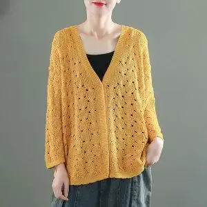 春秋新款深v领针织衫开衫镂空长袖毛衣女休闲黄色外套百搭款上衣