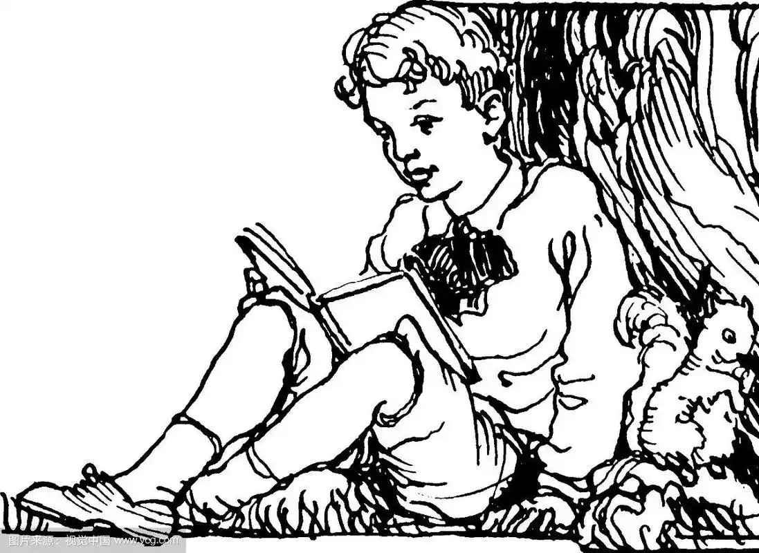 男孩在树下阅读夏天的复古版画