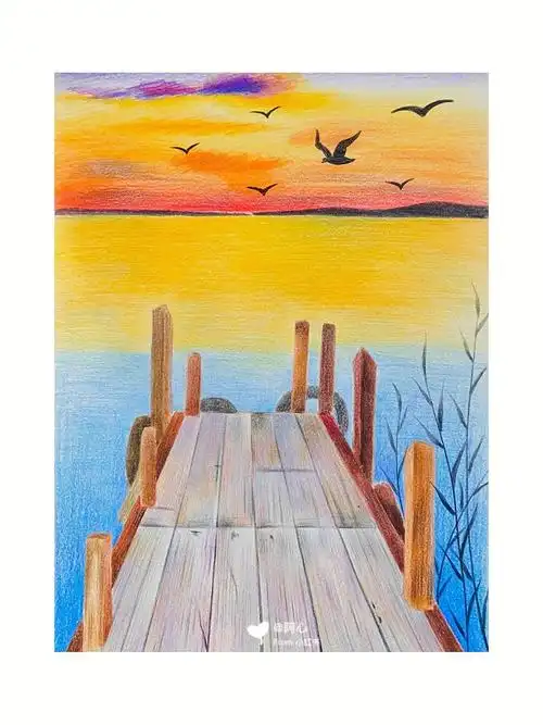 彩铅风景夕阳西下