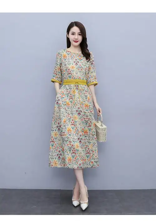 素订棉麻女装官方素素2022夏季新款宽松印花气质中长款裙子时尚休闲小