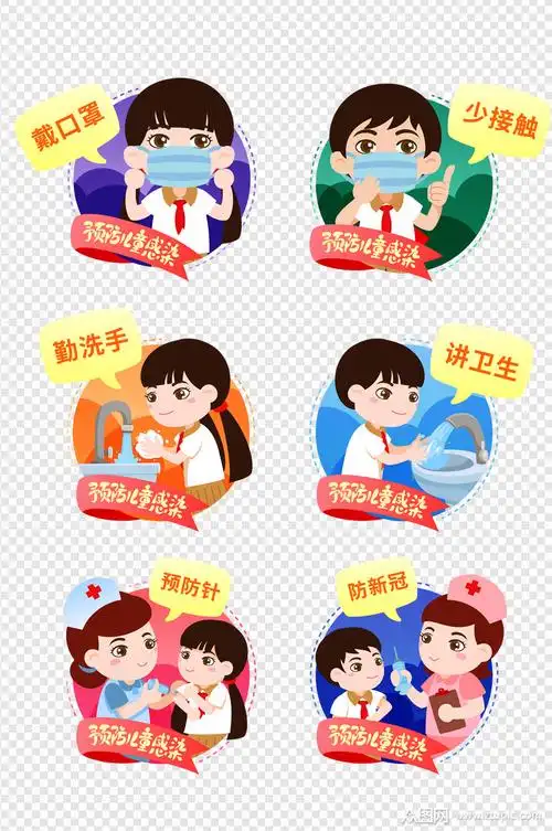 手绘儿童预防疫情戴口罩勤洗手打预防针