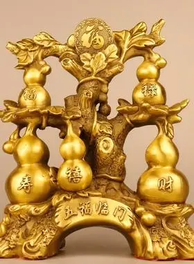 纯黄铜五福临门葫芦多子多福客厅办公室桌面葫芦精工福禄摆件