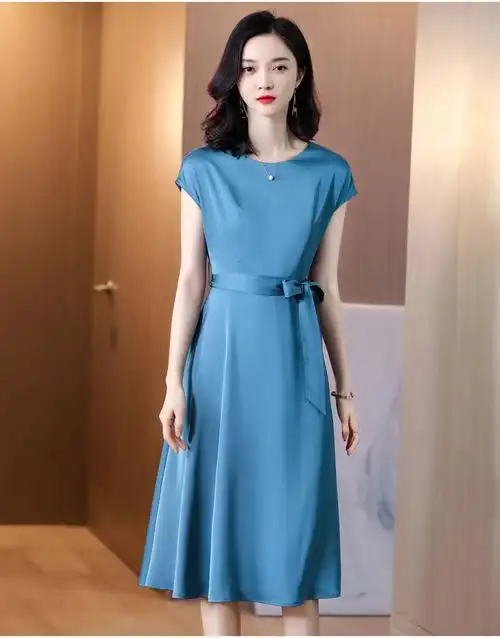 2020新款流行系带中长款气质重磅纯色桑蚕丝连衣裙zmyp7918a7