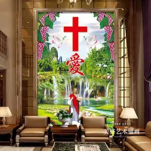 耶稣画像墙纸贴画客厅背景墙装饰壁画天主教基督徒十字架玄关挂画
