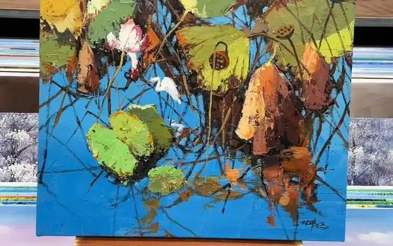刮刀荷花油画艺术绘画手绘
