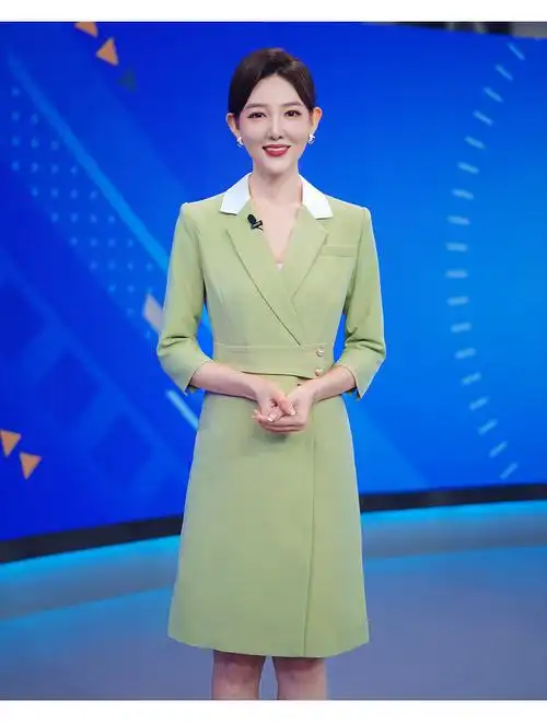 播音主持艺考服装女学生上镜绿色感职业连衣裙人正装演讲礼服西装裙