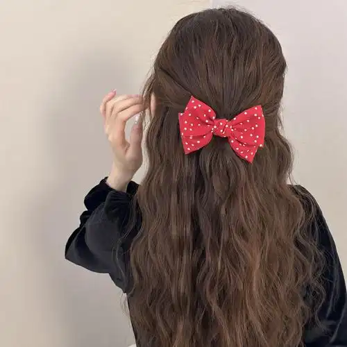 韩国甜美红色发夹波点蝴蝶结刘海少女后脑勺顶夹马尾发卡公主头饰