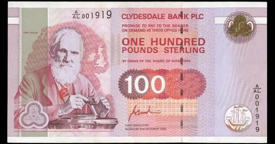 开尔文勋爵(1824-1907)在苏格兰克莱德银行发行的100英镑纸币上.