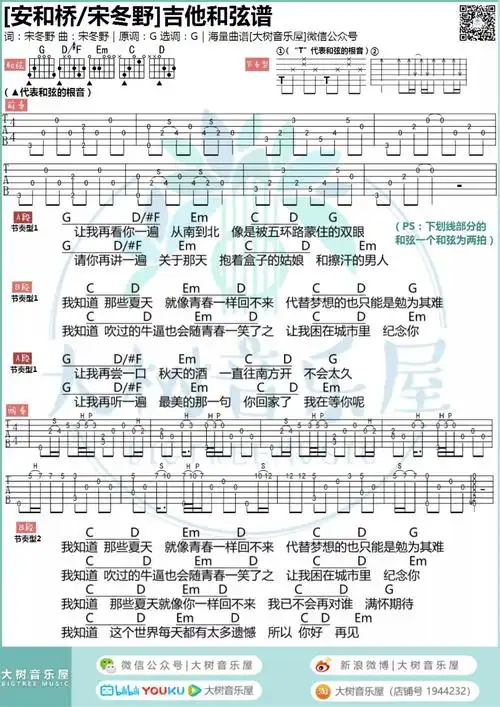 宋冬野安和桥附超还原间奏吉他谱