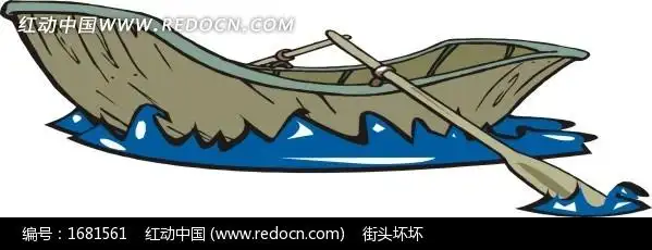 手绘水上的木船和船桨