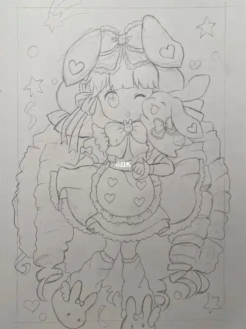 动漫女孩黑白线稿临摹练习含铅笔稿