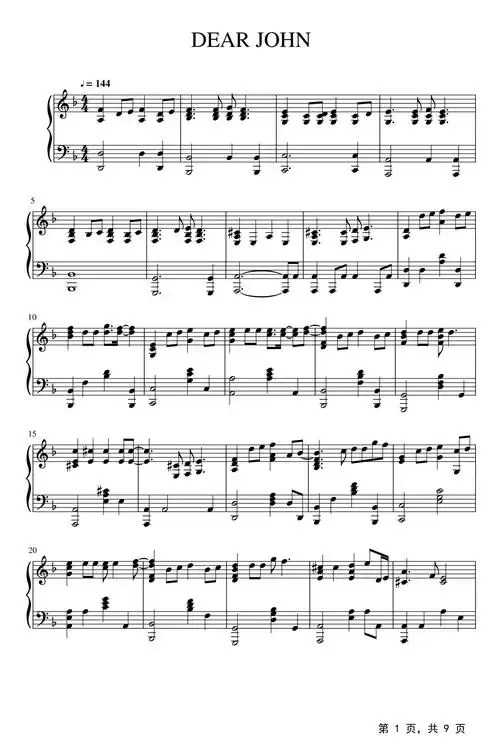 dearjohn钢琴谱比莉f调流行钢琴五线谱