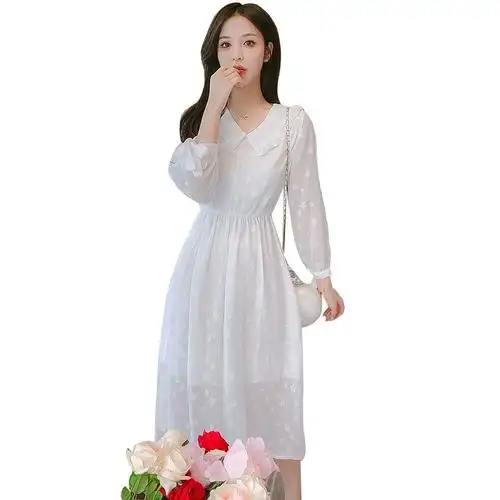 新款纯色雪纺淑女连衣裙时尚显瘦中长裙子长袖蝴蝶结女修身春秋季