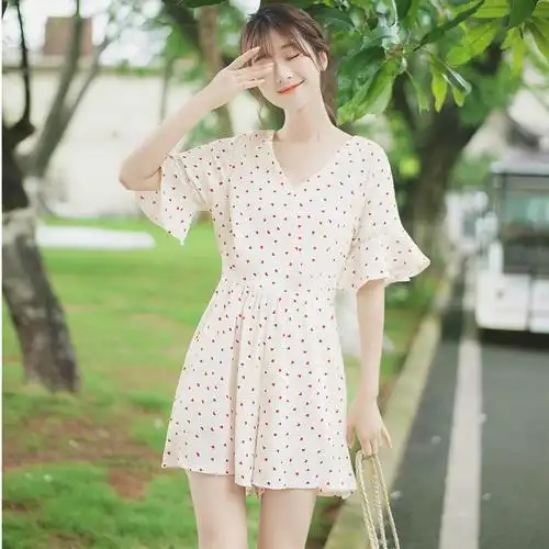 帛卡琪2019夏新款雪纺裙子很仙的荷叶边短袖女裤裙初恋碎花连衣裙