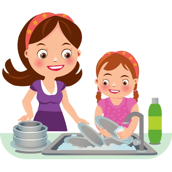 矢量手绘洗碗的母女