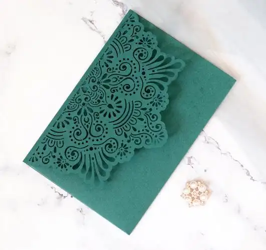 墨绿请柬贺卡激光镂空工艺婚礼请柬邀请函封套 结婚镂空喜帖 批发