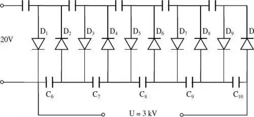 晶体二极管-电容十倍升压电路图