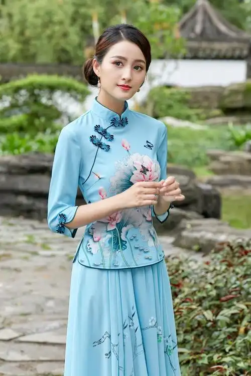 唐装女成人复古汉服两件套上衣改良民族风荷花印花旗袍套装裙中国风