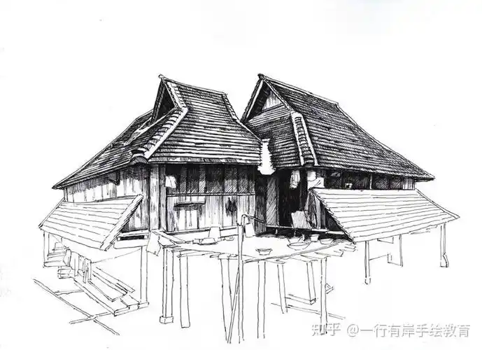 一行手绘钢笔画傣族竹楼59