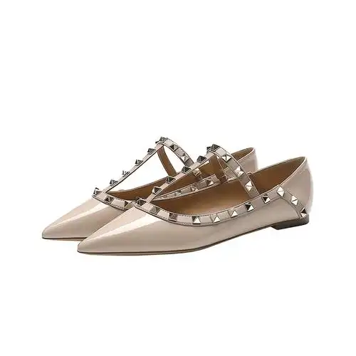 春秋新款经典尖头铆钉平底鞋漆皮气质t型带浅口鞋性感软底女单鞋