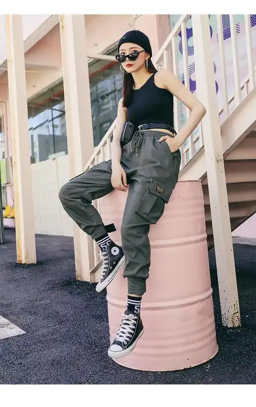 2021新款时尚潮流休闲裤女高腰工装裤女学生魔术贴裤子愉贵妃绿色魔术