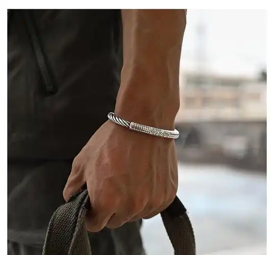 【轻奢高端】s999银六字真言金刚藤心经手镯男士复古冷淡风小众开口古