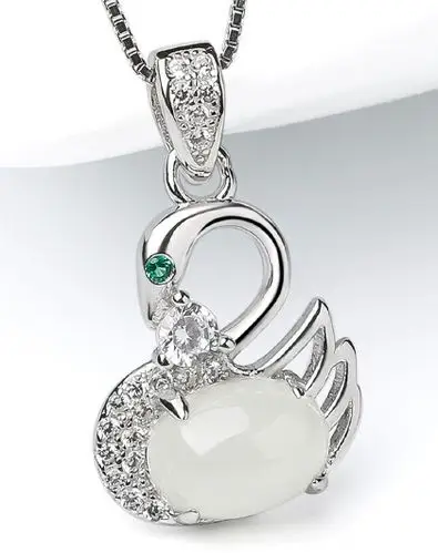 东方翡翠 小天鹅s925银镶嵌和田白玉吊坠/玉坠