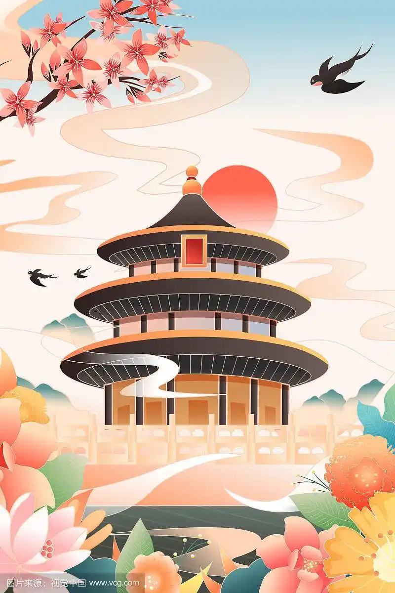 中国北京天坛祈年殿城市地标古建筑景区风光中国风背景矢量插画