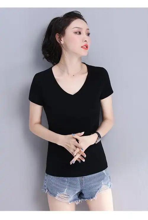 纯黑色v领t恤女短袖修身夏女装2021新款潮体恤紧身上衣黑色短款