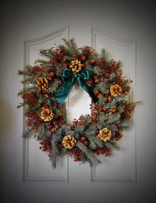 这个是去年的圣诞花环,以华丽的银杉枝条和蔷薇果为主色调.