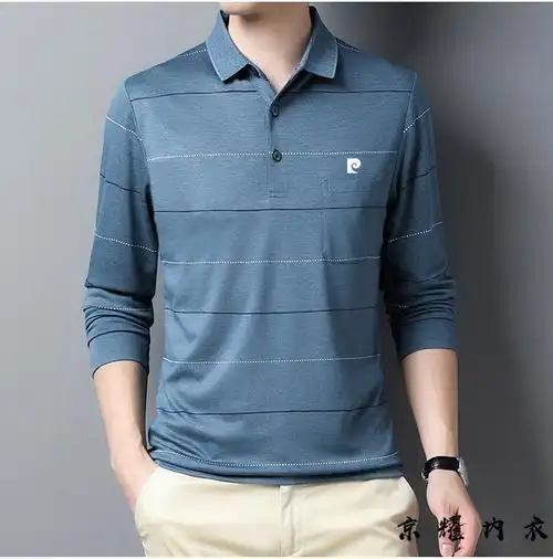 pierre cardin/皮尔卡丹男士长袖t恤春秋中老年休闲翻领打底衫大码真