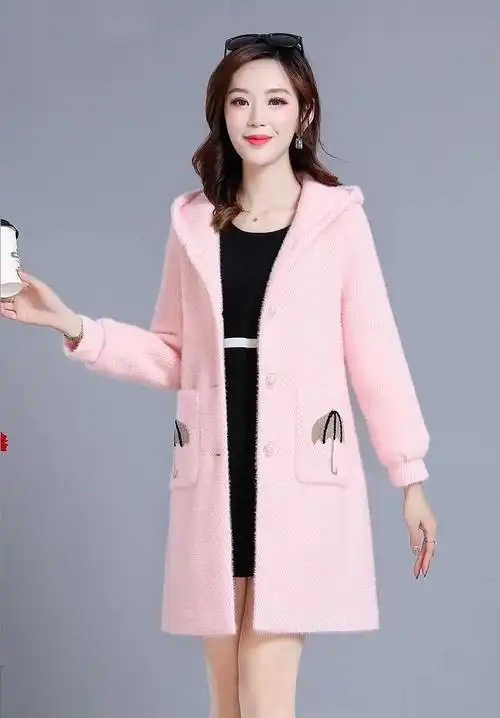 水貂绒风衣女中长款2019秋冬新款时尚连帽仿黄金貂呢子外套 6.00个