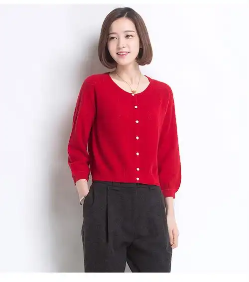 恒源祥春秋新品毛衣短款羊毛衫薄外套女士针织开衫女宽松日韩风