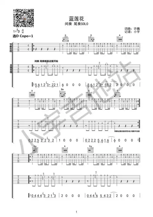 许巍蓝莲花间奏尾奏solo双吉他谱