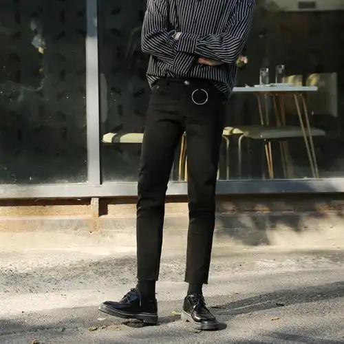 梵克公牛黑色牛仔裤男韩版 9分潮流夏季毛边小脚九分休闲裤子常规百搭