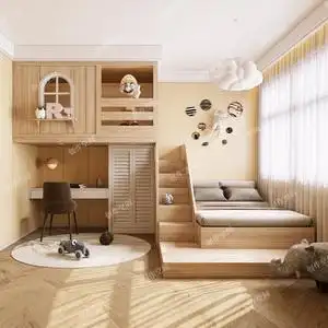 儿童房定制上下床双层床榻榻米带书桌一体交错式上床下柜复式二楼