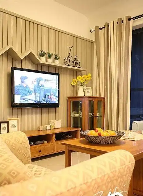 三米设计美式风格公寓富裕型120平米客厅电视背景墙窗帘图片效果图