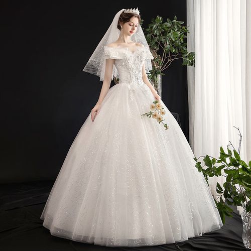 肩法式轻主2024新款新娘结婚森系显瘦简约气质齐 白色单买婚纱无配饰