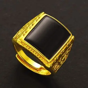 沙金戒指开口潮男仿金色情侣对戒霸气土豪金男士指环镀金首饰黑宝石