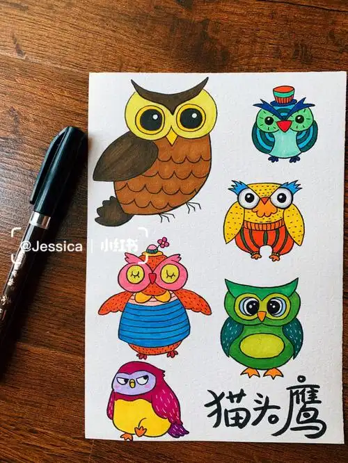 猫头鹰手帐手绘简笔画临摹素材黑白线稿上色