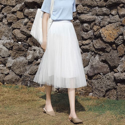 白色网纱裙子女半身裙中长款2021秋冬新款百褶长裙显瘦高腰仙女裙