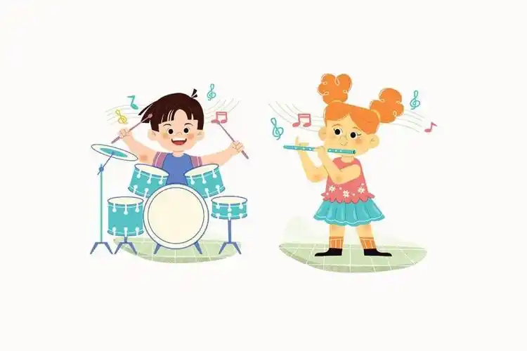 可爱卡通风格的儿童音乐表演场景的矢量插画素材