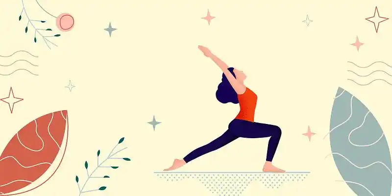 黄色扁平插画卡通人物树叶养生锻炼瑜伽运动边框展板背景