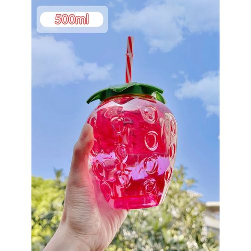 杯塑料杯可爱女生随手杯奶茶杯学生便携水杯水瓶杯子 草莓杯子 吸管