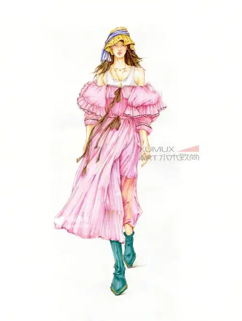 马克笔时装画薄纱泡泡袖裙